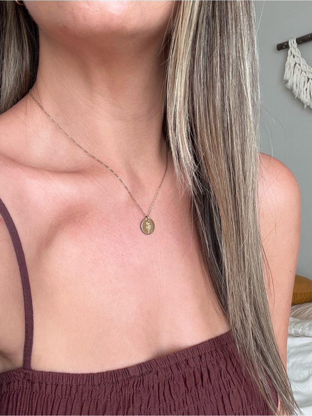 14K Gold Fill April Sweet Pea Flower Disc Necklace - 16” - Picture 2 of 6